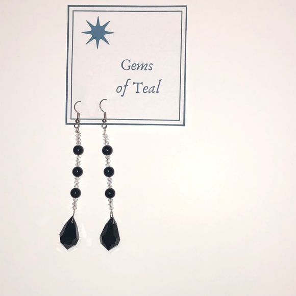 SOLD Jet and Swarovski Crystal Tux Drop Earrings - Picture 2 of 5